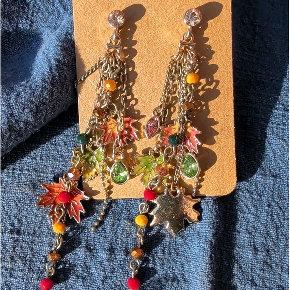 Unbranded Jewelry - Autumn Fall Maple Leaf Golden Stud Drop Chandelier Earrings Orange‎ Yellow 2+"